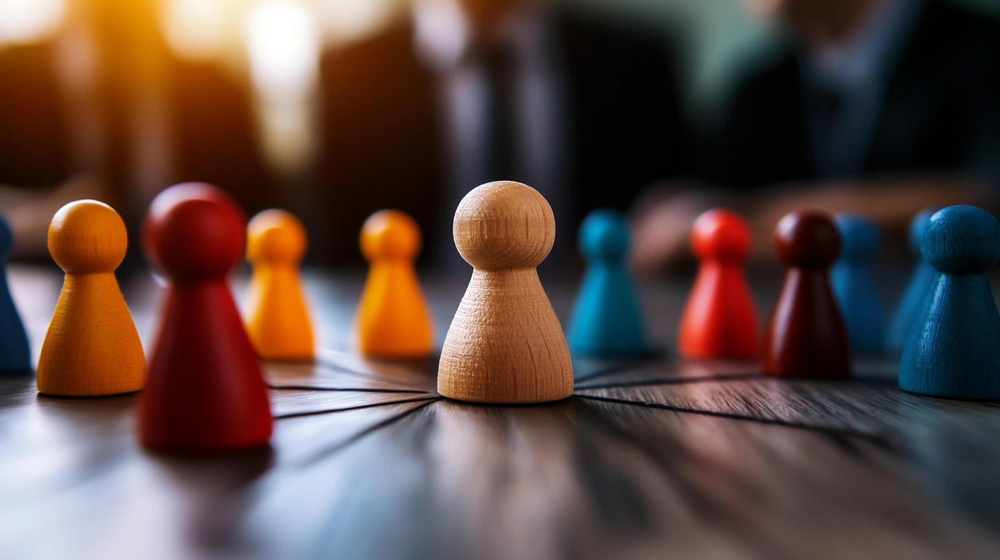  Ursula Gschwandtner - Supervision, Coaching, Beratung - Bunte Spielsteine ​​symbolisieren Teamwork und Strategie auf einem Holzbrett.