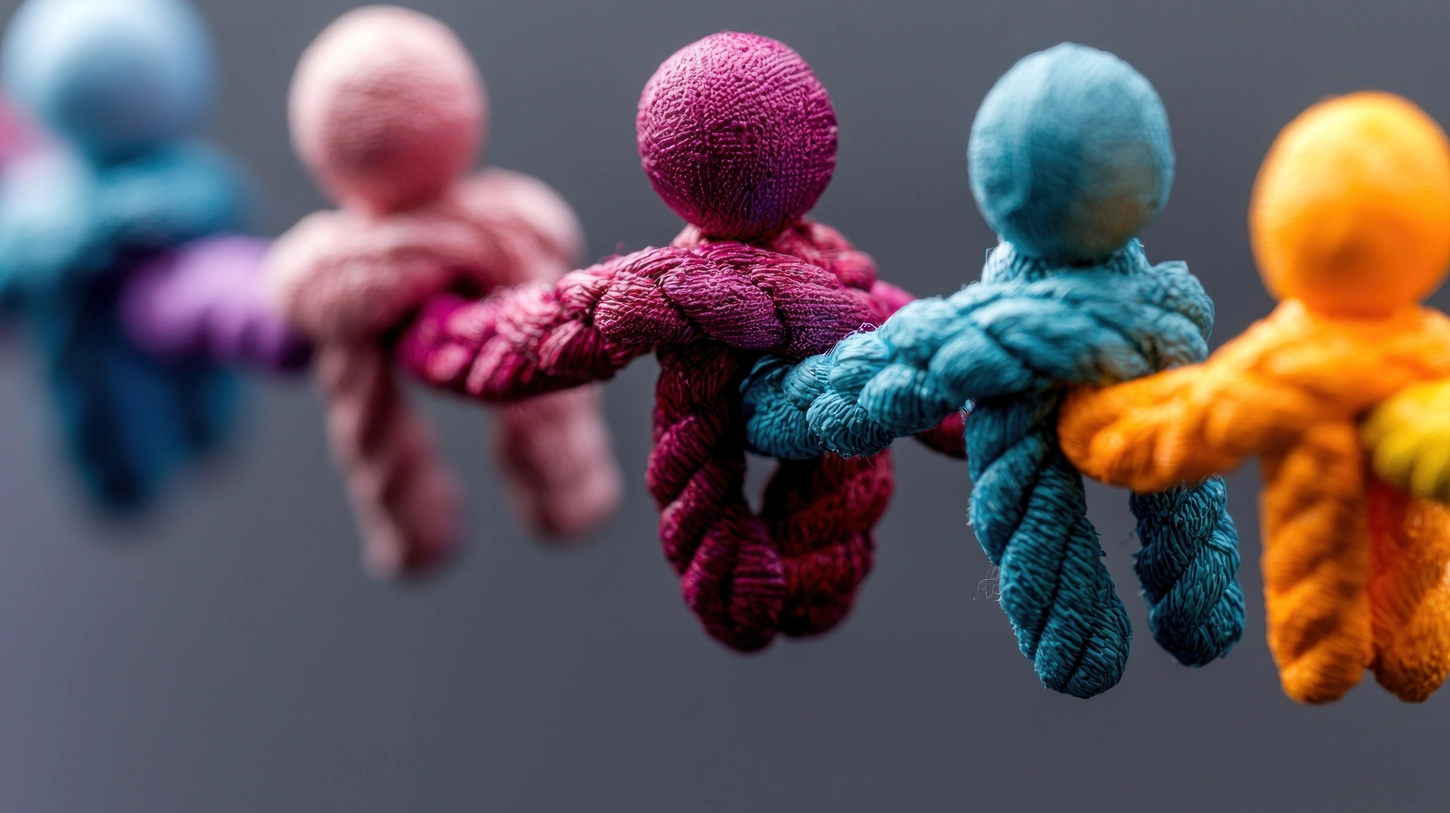  Ursula Gschwandtner - Supervision, Coaching, Beratung - Bunte, durch Seile verbundene Figuren vor grauem Hintergrund