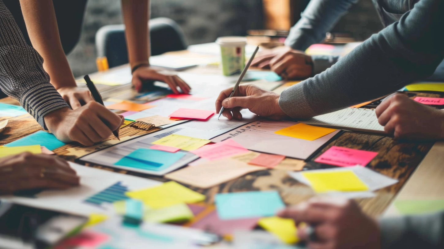  Ursula Gschwandtner - Supervision, Coaching, Beratung - Nahaufnahme mehrerer Hände, die gemeinsam an einem Projekt auf einem Holztisch arbeiten und dabei bunte Haftnotizen, Papiere und digitale Geräte verwenden.